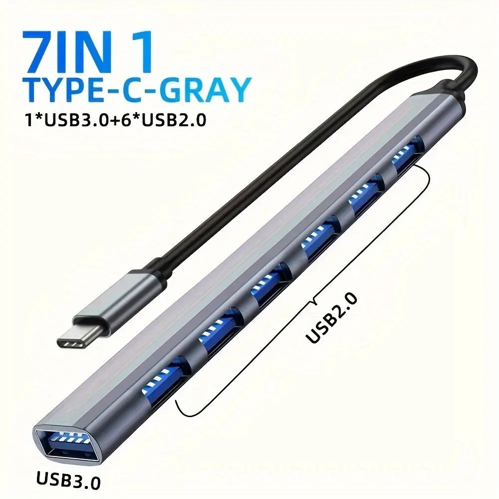 USB C Hub USB Hub 3.0, Aluminum 7 in 1 USB Extender, USB Splitter with 1 X USB 3.0, 4 X USB 2.0 and 2 X USB C Ports