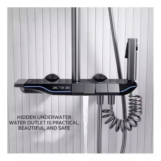 智慧型LED數位螢幕四功能黃銅淋浴組拋光方形花灑陶瓷雨淋腰背SPA公寓