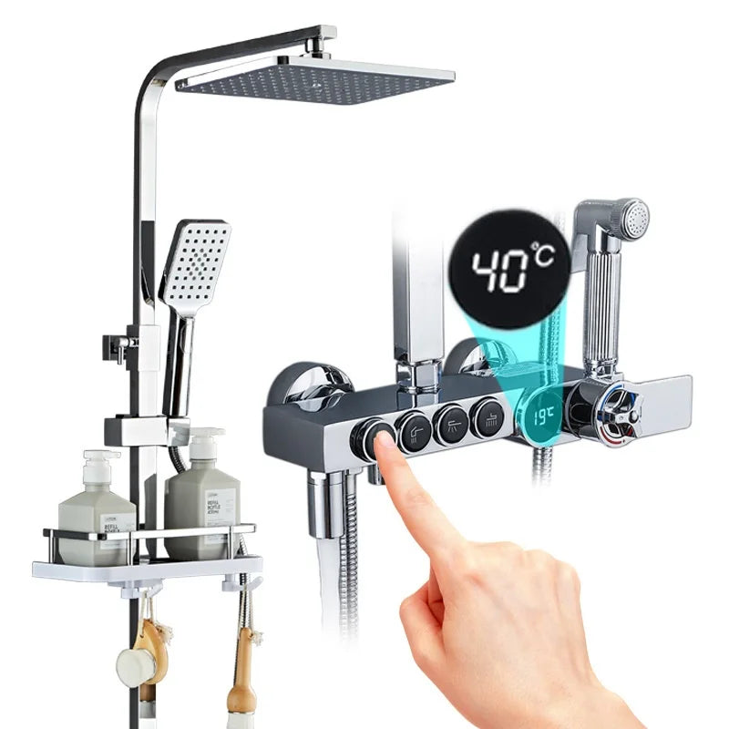豪華銀色LED數字顯示黃銅淋浴套裝，4把水龍頭，混合龍頭，恆溫淋浴混合龍頭