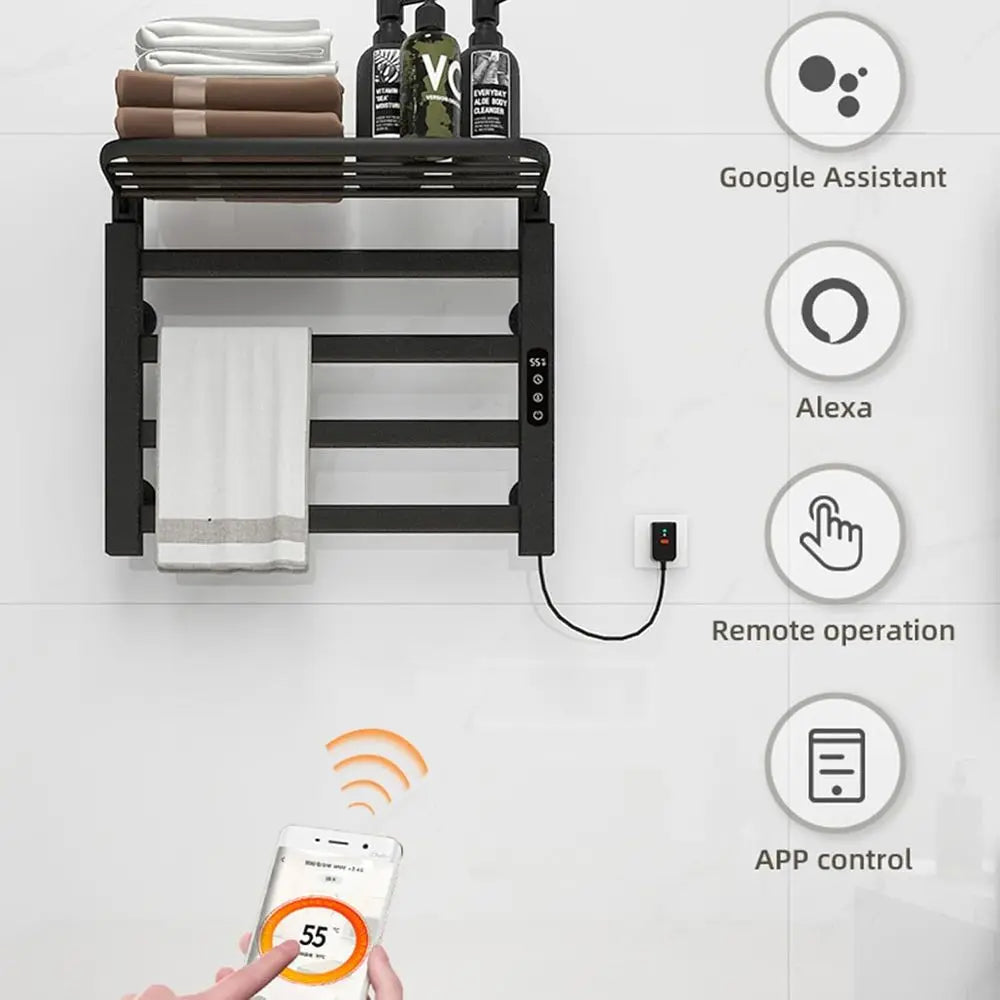 智慧電熱毛架，家用加熱毛巾桿晾乾架，附可折疊收納架，定時、溫度調節， 