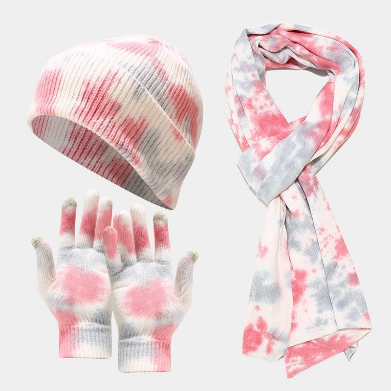 Tie-dye Knitted Hat Gloves Scarf Set Ladies