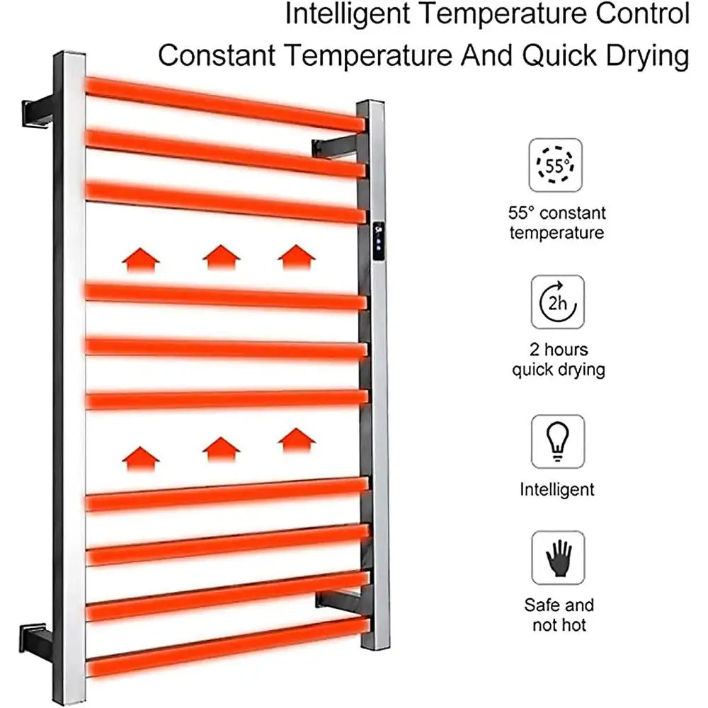 Electric Towel Warmer,with Timer Wall Mounted 10 Bars Smart Electric Towel Rack Stainless Steel Heated Towel Rails 88W Low Power