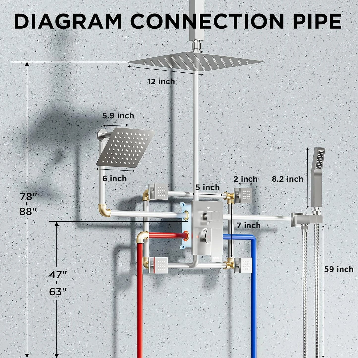 現代淋浴系統，4個體位噴淋噴嘴，四向雨淋式出水，12吋+6吋雙淋浴噴頭，黃銅混水閥，壁掛式恆溫水龍頭套裝