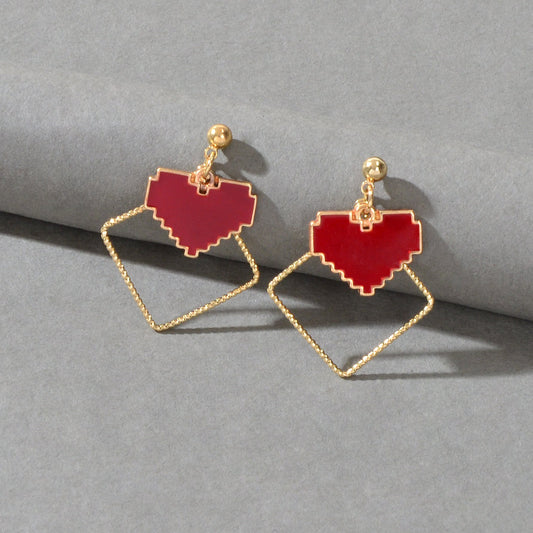 Fashion Design Red Enamel Heart Gold Square Dangle Earrings Party Trendy Jewelry