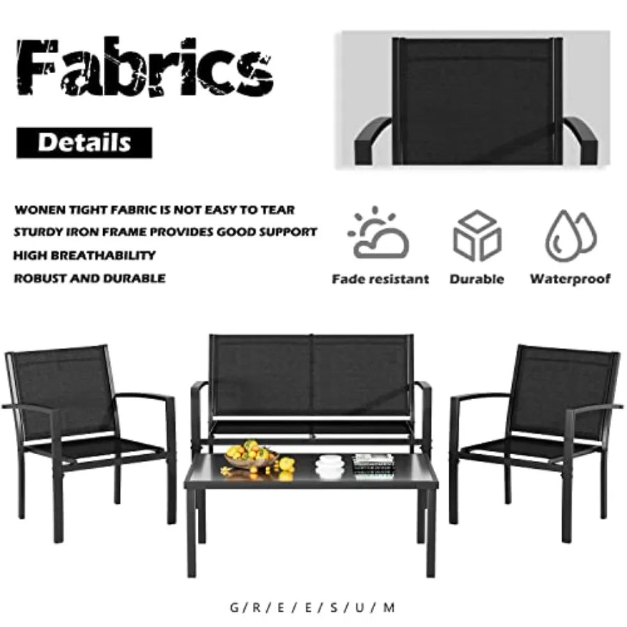 Greesum 四件式戶外庭院家具套裝，適用於庭院、草坪、花園、泳池邊，含一張黑色玻璃咖啡桌。