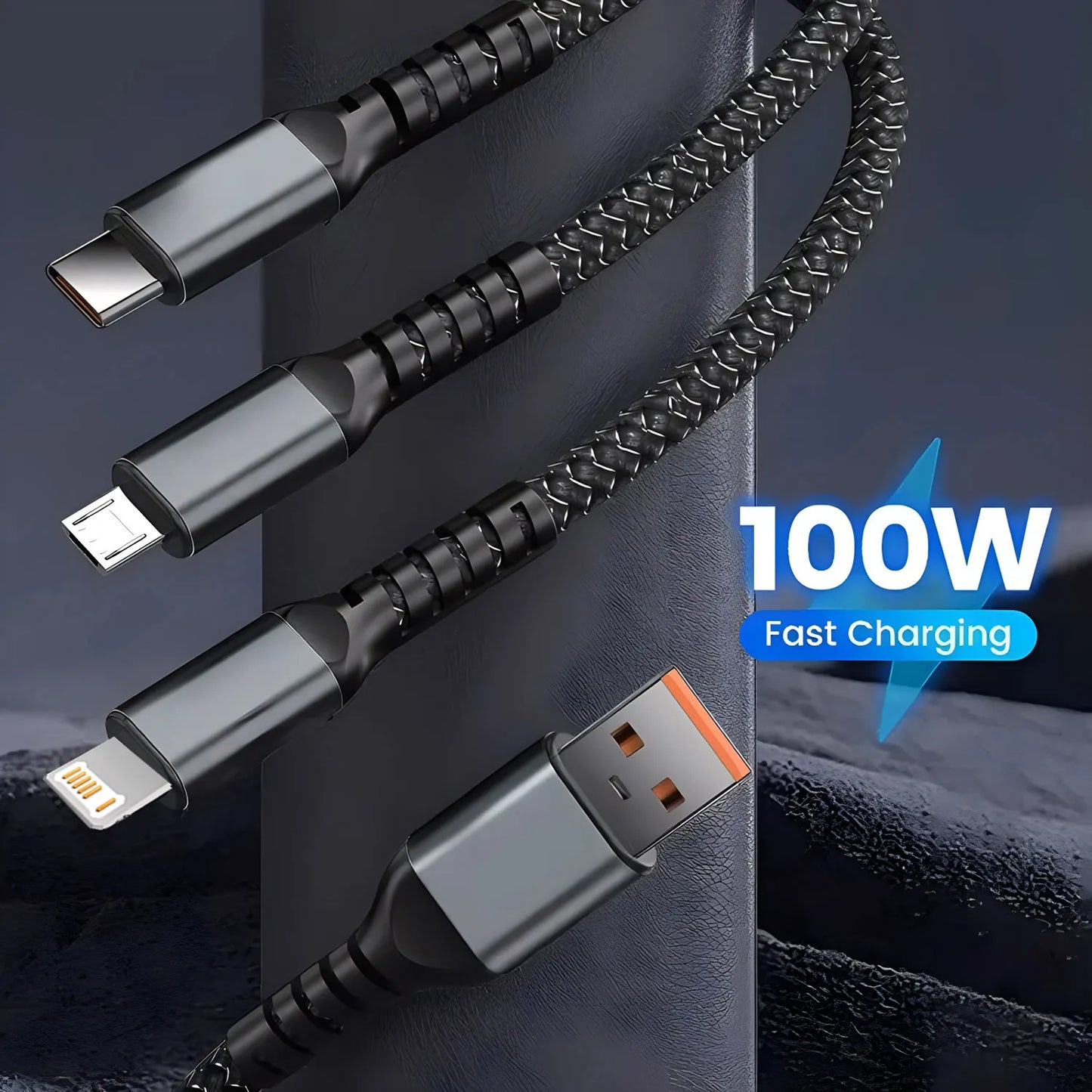 100W 3 In 1 Super Fast Charge Cable Transparent Luminous Super Fast Charge Type C USB Cable Multi Extension For Android
