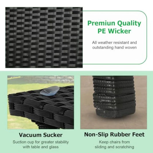 FDW 三件式戶外家具套裝，包括露臺藤椅、餐桌椅組合，以及兩把藍色坐墊的藤椅。