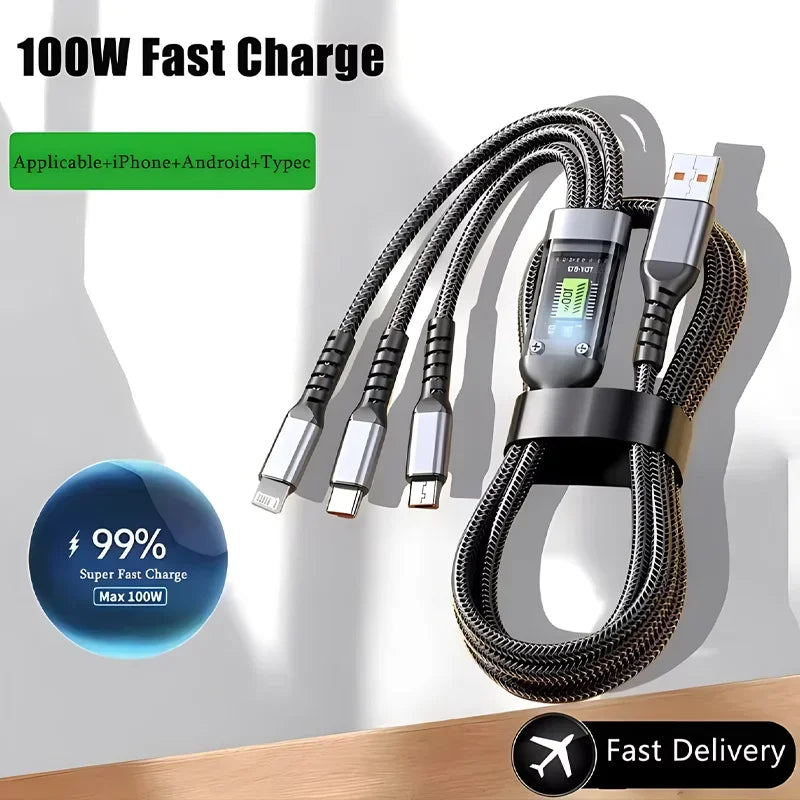 100W 3 In 1 Transparent Pilot Lamp Super Fast Charging Cable 6A Universal with Type C Usb Micro for Samsung Huawei Xiaomi Iphone