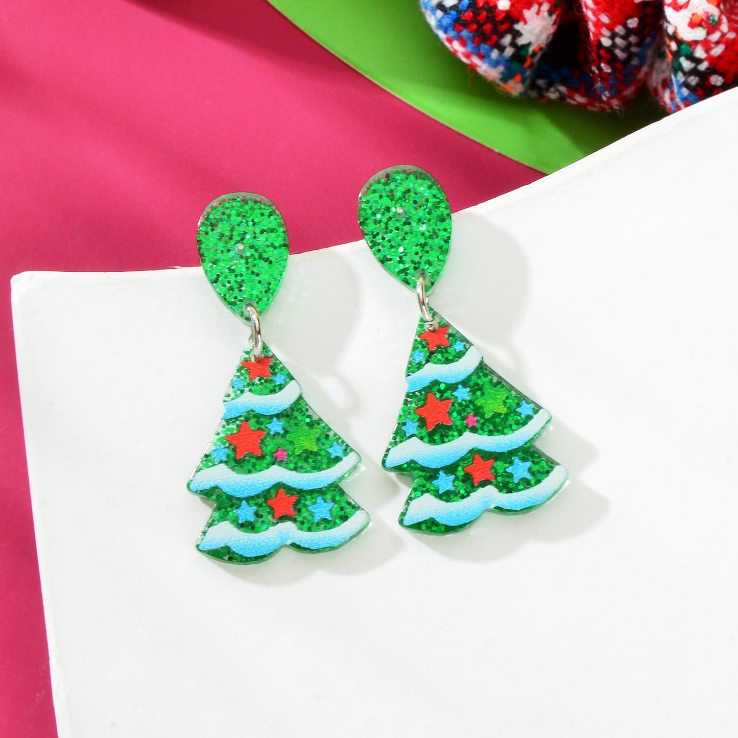 Sparkling Sequin Star Decor Christmas Tree Acrylic Dangle Earrings Jewelry