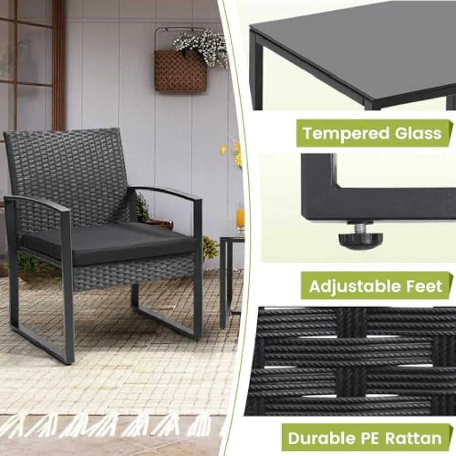 三件藤編戶外餐桌椅組合，附咖啡桌，適用於陽台、門廊、花園、庭院、泳池邊，黑色框架