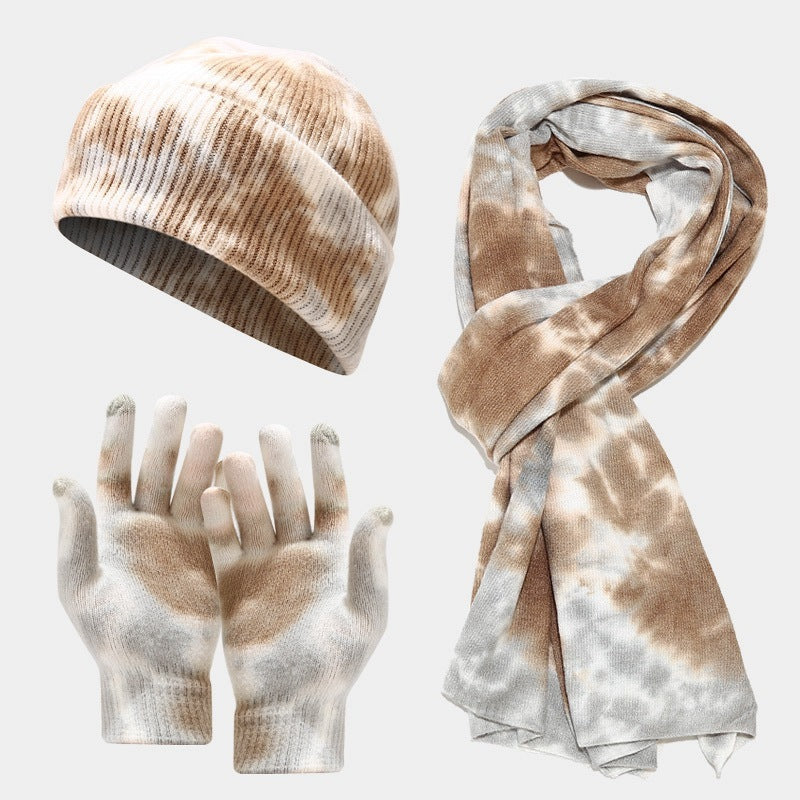 Tie-dye Knitted Hat Gloves Scarf Set Ladies