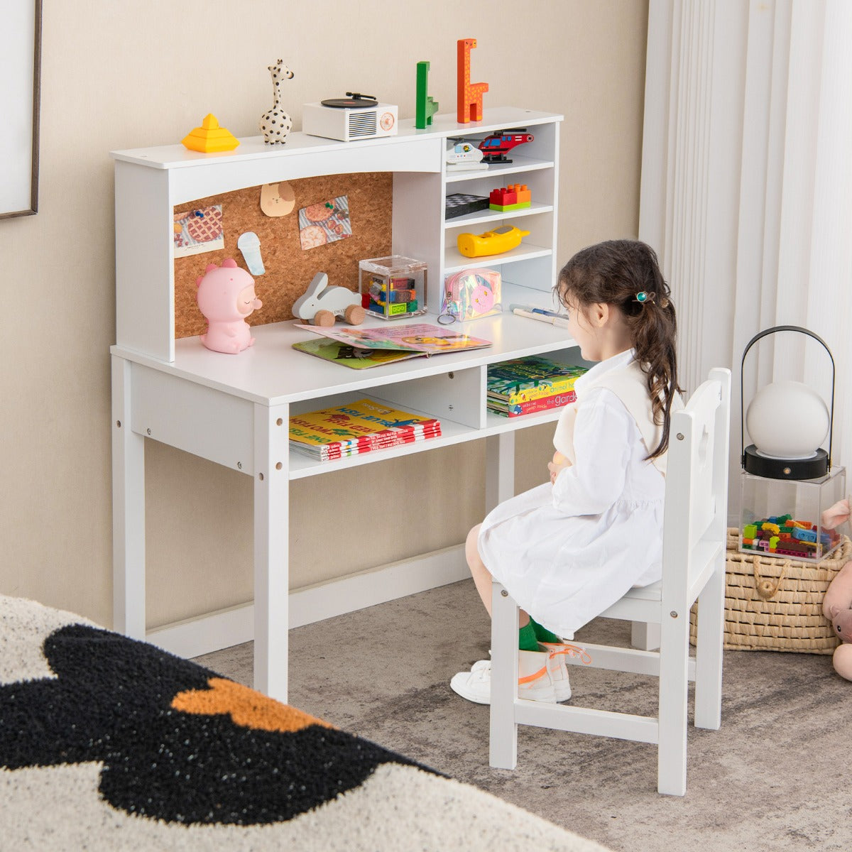 NNECW Kids Desk and Chair Set with Solid Wood Legs for 3+ Kids