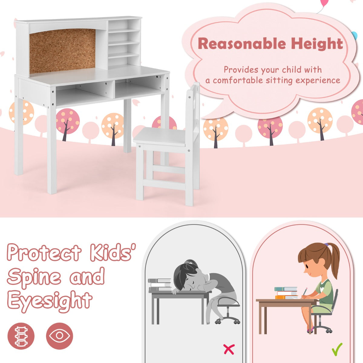 NNECW Kids Desk and Chair Set with Solid Wood Legs for 3+ Kids