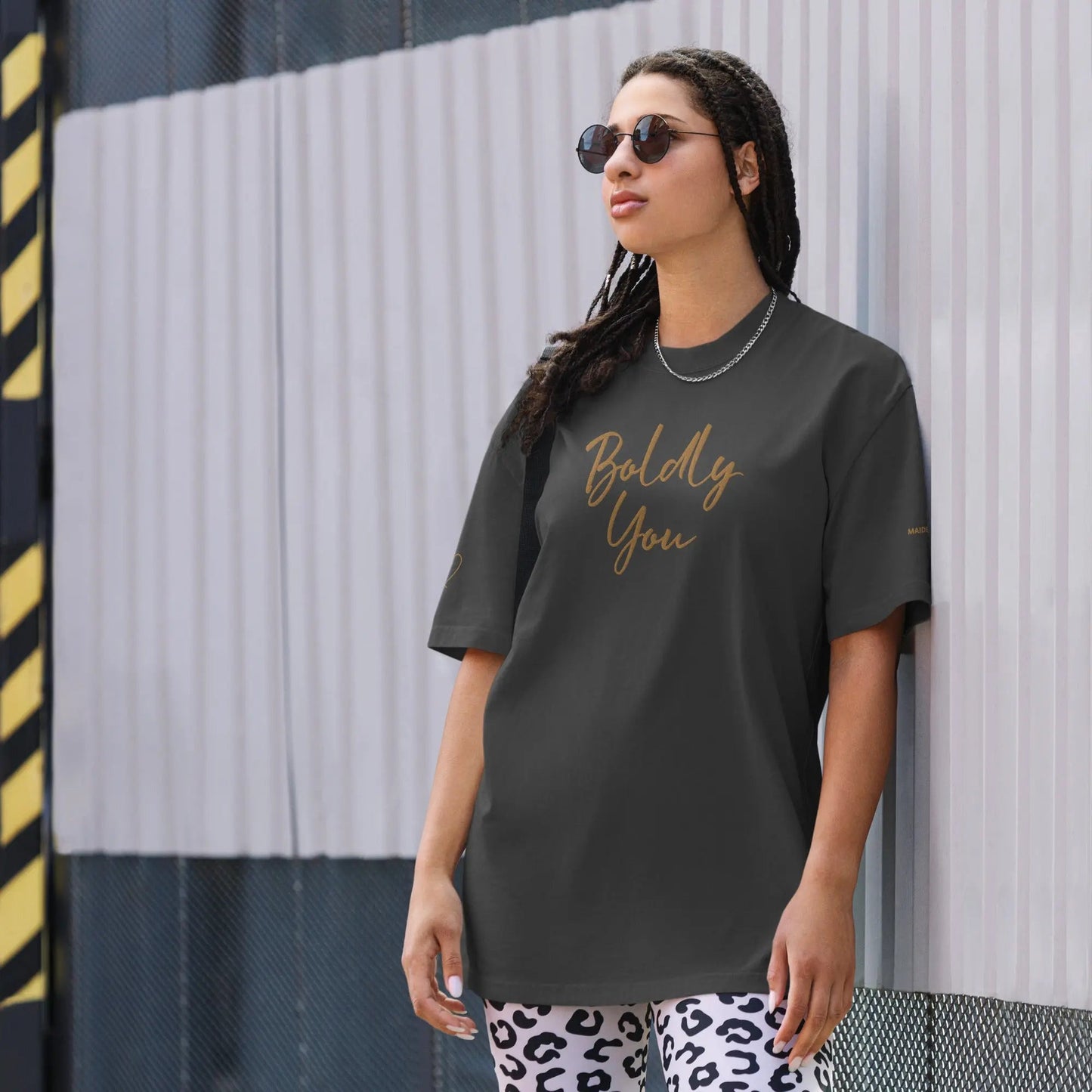 Boldly You Oversized faded t-shirt with Old Gold Embroidery | Oversized T-shirt