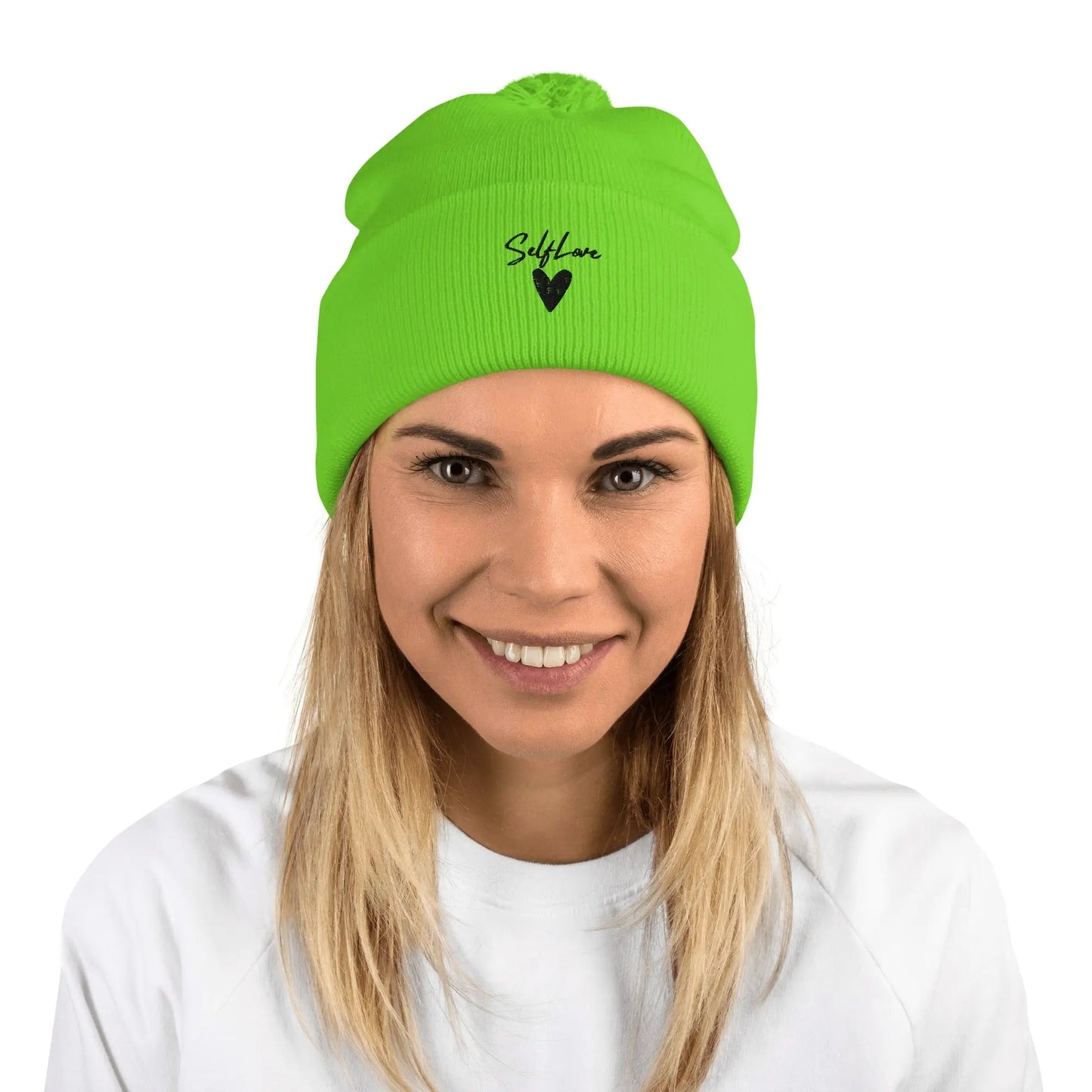 Self Love Pom-Pom Beanie - Women's Beanie with Embroidery